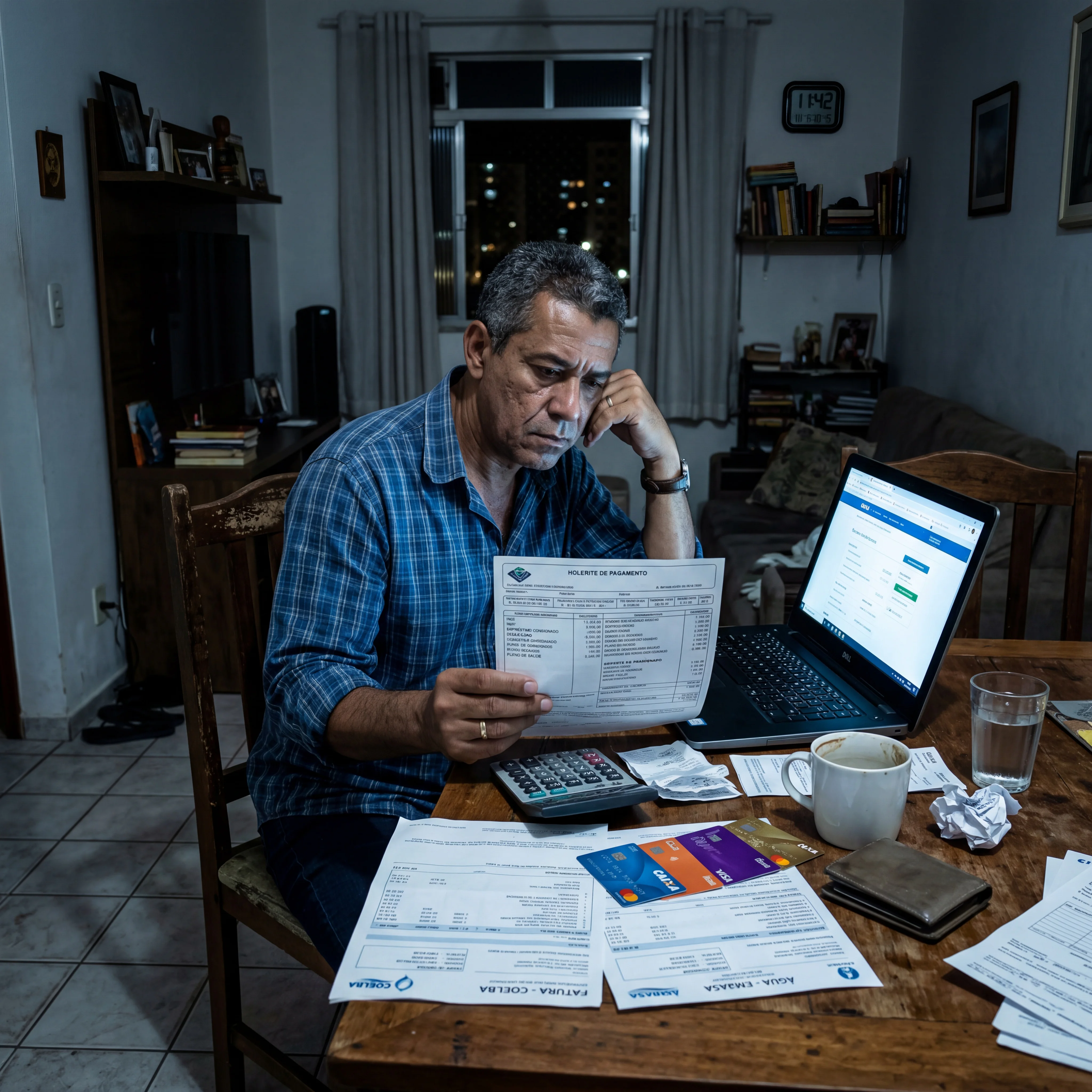 Servidor público olhando o aplicativo do banco no início da manhã